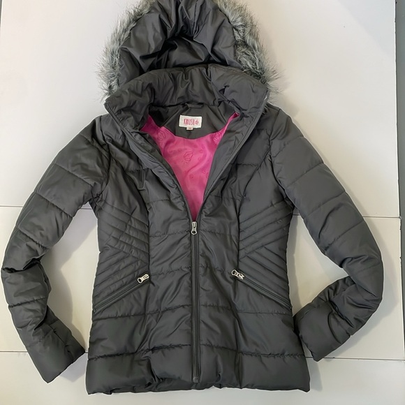 Grey Medium Winter Jacket Coat with Attached Cozy Hood Pink Interior - Picture 3 of 12